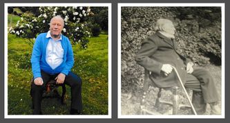 Einar Gjerde 1941 - 2017 og Sivert Ålmo 1833 - 1925
Samme stol og samme hage!
De to har på hver sin måte betydd mye for gården
